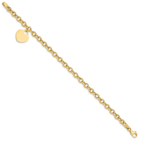 14k Yellow Gold Solid Polished Engravable Love Heart Charm Pendant Necklace Hollow Bracelet 8.25 Inch Lobster Claw Measures 15mm Wide Jewelry Gifts for Women JewelryWeb