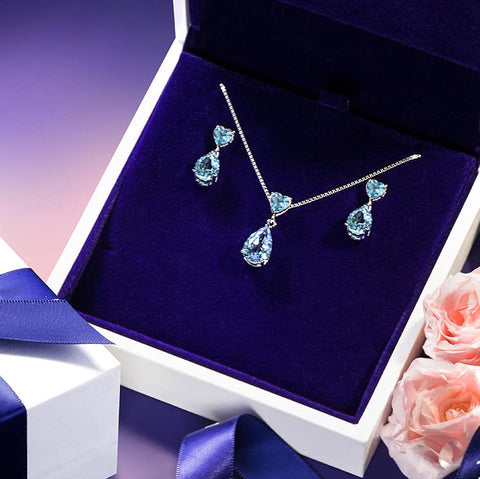 JIANGXIN 18"~20" Pear cut Gemstone 925 Sterling Silver Pendant Necklace Drop Earrings Jewelry Set for Women Heart Pendant Necklace Heart Earrings (Aquamarine) JIANGXIN