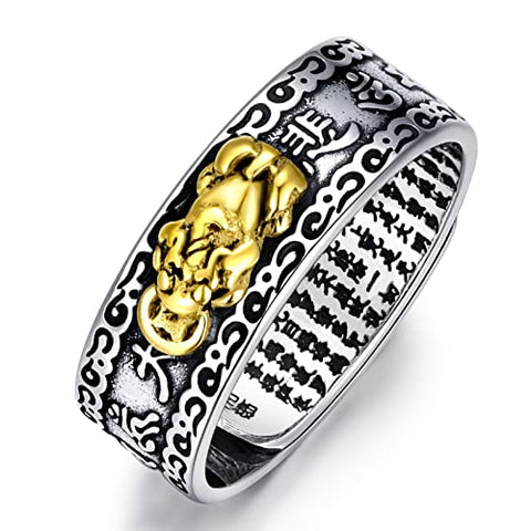Feng Shui Ring 925 Stering Silver Pixiu Mantra Ring Protection Wealth Adjustable Rings Buddhist Amulet Jewelry Good Luck Health Gift for Men Women Seiyang