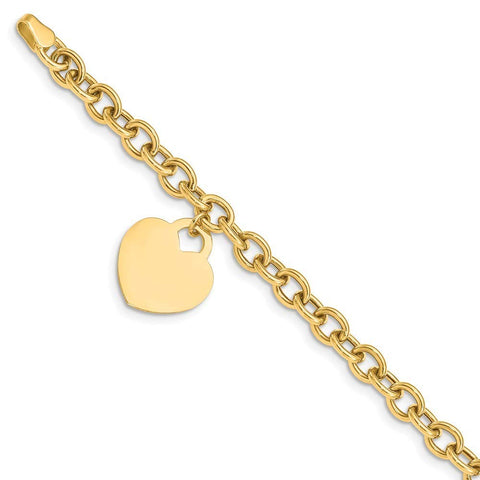 14k Yellow Gold Solid Polished Engravable Love Heart Charm Pendant Necklace Hollow Bracelet 8.25 Inch Lobster Claw Measures 15mm Wide Jewelry Gifts for Women JewelryWeb