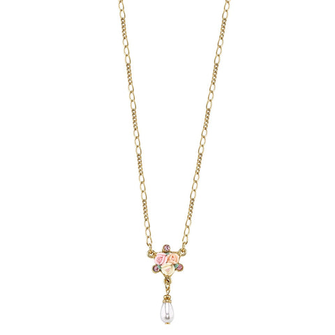 1928 Jewelry Women's Gold Tone Crystal Ivory And Pink Porcelain Rose Faux Pearl Pendant Necklace 16" + 3" Extender 1928 Jewelry Company