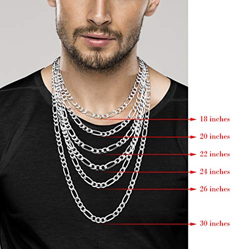 Miabella 925 Sterling Silver Italian 7mm Solid Diamond-Cut Figaro Link Chain Necklace for Men, Made in Italy (Length 22 Inches) Miabella