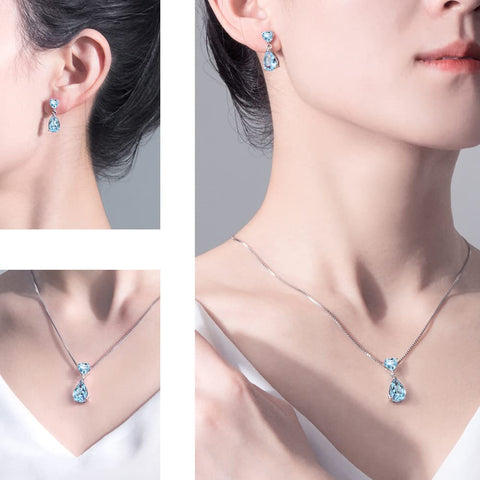 JIANGXIN 18"~20" Pear cut Gemstone 925 Sterling Silver Pendant Necklace Drop Earrings Jewelry Set for Women Heart Pendant Necklace Heart Earrings (Aquamarine) JIANGXIN