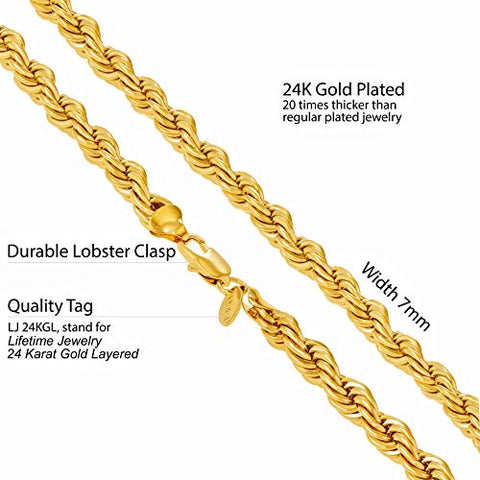 LIFETIME JEWELRY 7mm Rope Chain Necklace 24k Real Gold Plated for Men and Women (20 inches, 1 - Gold Plated, 1) LIFETIME JEWELRY