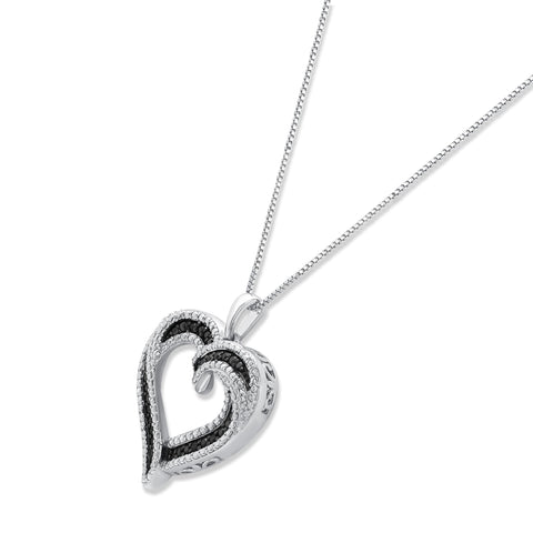 GILDED Sterling Silver 1/4cttw Natural Round-Cut Black Diamond Heart Pendant-Necklace with an 18 Inch Chain GILDED