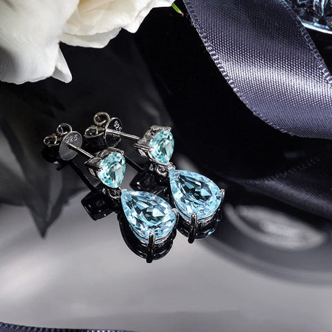 JIANGXIN 18"~20" Pear cut Gemstone 925 Sterling Silver Pendant Necklace Drop Earrings Jewelry Set for Women Heart Pendant Necklace Heart Earrings (Aquamarine) JIANGXIN