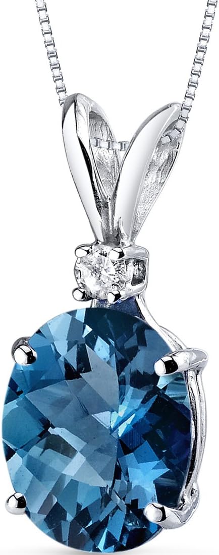 PEORA London Blue Topaz with Diamond Solitaire Pendant for Women 14K White Gold, Genuine Gemstone Birthstone, 3 Carats Oval Shape 10x8mm PEORA