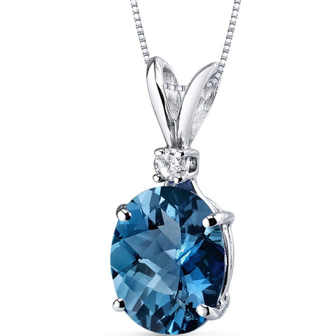 PEORA London Blue Topaz with Diamond Solitaire Pendant for Women 14K White Gold, Genuine Gemstone Birthstone, 3 Carats Oval Shape 10x8mm PEORA