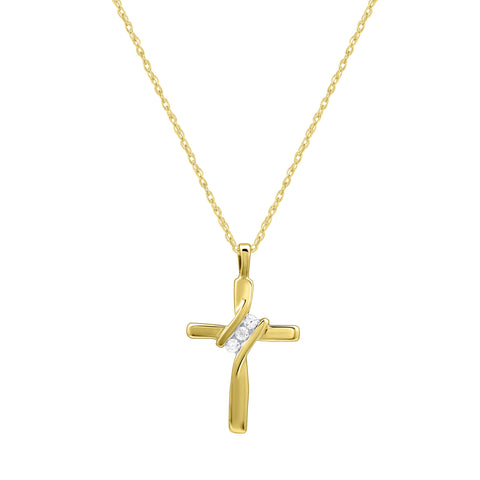 GILDED Small 10 Karat Yellow Gold Natural Round-Cut Diamond Accent 3 Stone Cross Pendant with an 18 Inch Chain GILDED