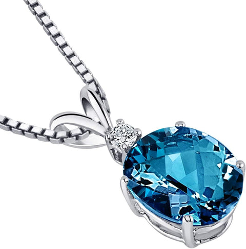 PEORA London Blue Topaz with Diamond Solitaire Pendant for Women 14K White Gold, Genuine Gemstone Birthstone, 3 Carats Oval Shape 10x8mm PEORA