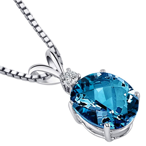 PEORA London Blue Topaz with Diamond Solitaire Pendant for Women 14K White Gold, Genuine Gemstone Birthstone, 3 Carats Oval Shape 10x8mm PEORA