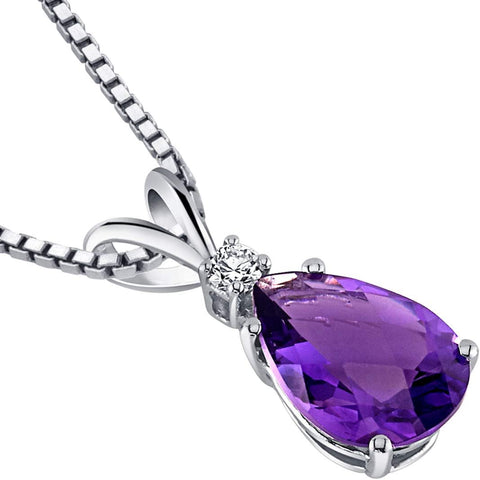 PEORA 14K White Gold Amethyst and Diamond Pendant for Women, Genuine Gemstone Birthstone Teardrop Solitaire, 1.60 Carats Pear Shape 10x7mm PEORA