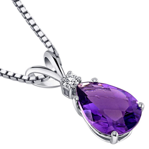 PEORA 14K White Gold Amethyst and Diamond Pendant for Women, Genuine Gemstone Birthstone Teardrop Solitaire, 1.60 Carats Pear Shape 10x7mm PEORA