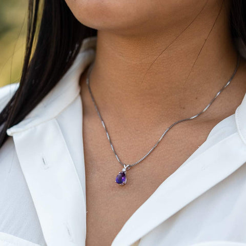 PEORA 14K White Gold Amethyst and Diamond Pendant for Women, Genuine Gemstone Birthstone Teardrop Solitaire, 1.60 Carats Pear Shape 10x7mm PEORA