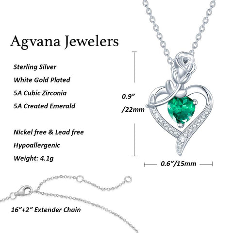 AGVANA May Birthstone Jewelry Mothers Day Gifts for Mom Emerald Necklace for Women Sterling Silver Rose Flower Heart Pendant Necklace Anniversary Birthday Gifts for Women Girls Mom Wife Lady Her AGVANA
