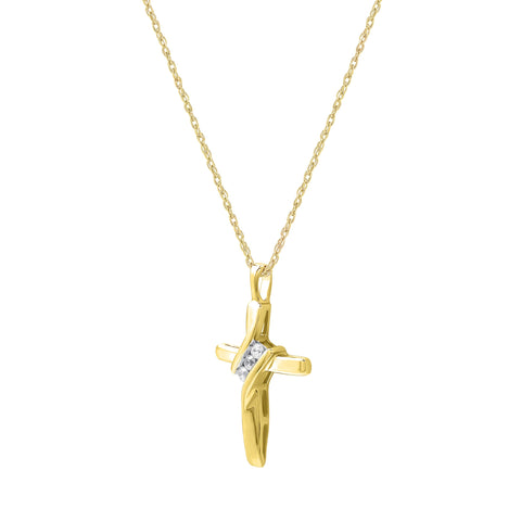 GILDED Small 10 Karat Yellow Gold Natural Round-Cut Diamond Accent 3 Stone Cross Pendant with an 18 Inch Chain GILDED