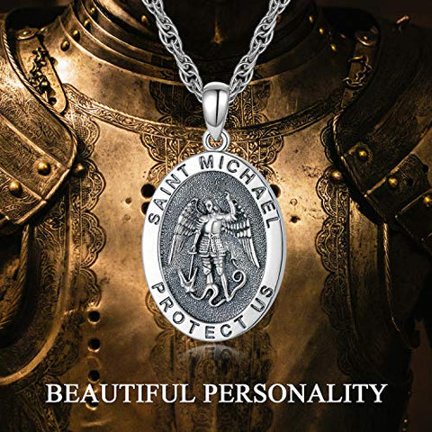 KINGWHYTE 925 Sterling Silver St Michael Necklace for Men Women St Michael Pendant Amulet Saint Michael Necklace for Men Archangel Michael Pendant Oval Medal Stainless Steel Chain Jewelry Gifts KINGWHYTE
