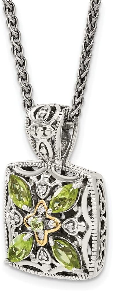 925 Sterling Silver Polished Prong set Lobster Claw Closure With 14k Diamond and Peridot Necklace Jewelry Gifts for Women JewelryWeb