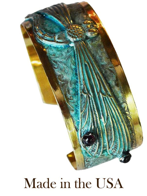 Elaine Coyne Collectible Artwear Dragonfly Cuff Bracelet - USA Made - Genuine Garnet Elaine Coyne Collectible Artwear