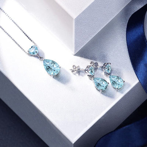 JIANGXIN 18"~20" Pear cut Gemstone 925 Sterling Silver Pendant Necklace Drop Earrings Jewelry Set for Women Heart Pendant Necklace Heart Earrings (Aquamarine) JIANGXIN