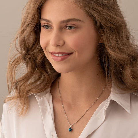 PEORA London Blue Topaz with Diamond Solitaire Pendant for Women 14K White Gold, Genuine Gemstone Birthstone, 3 Carats Oval Shape 10x8mm PEORA