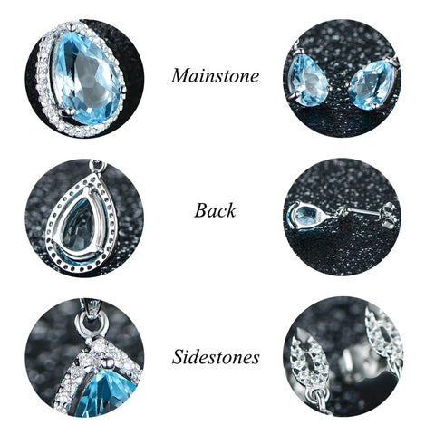 JIANGXIN Sky Blue Aquamarine Gemstone 925 Sterling Silver White Gold Plated Fine Jewelry Set for Women Pendant Necklace Stud Earring JIANGXIN