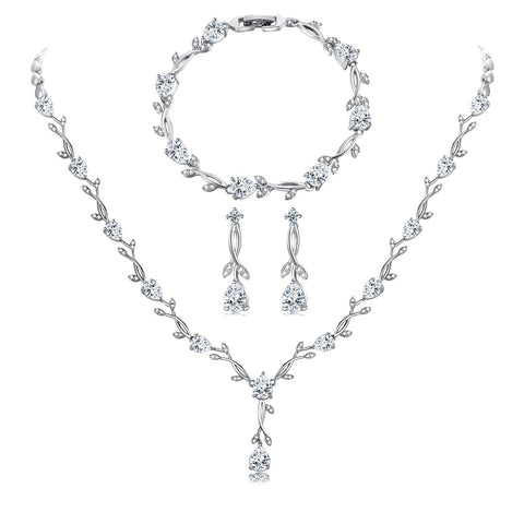 Wedding Jewelry Set for Bride Bridal Jewelry Set for Wedding Cubic Zirconia Necklace Earrings Bracelet Sets for Bride Silver Jewelry Set for Women Bridesmaid Jewelry Set for Wedding Costume Jewelry Juicfru