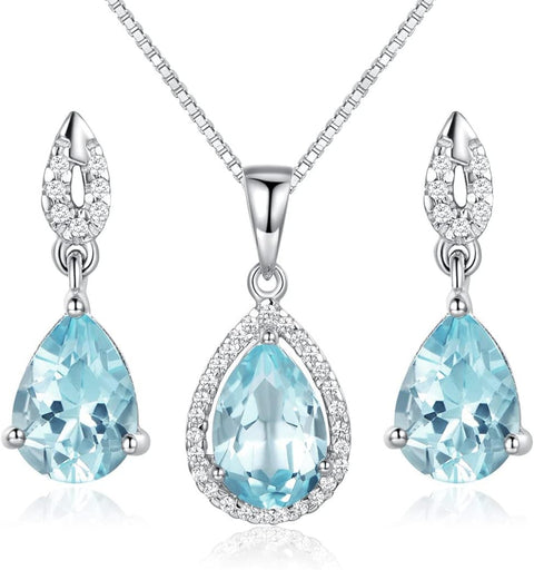 JIANGXIN Sky Blue Aquamarine Gemstone 925 Sterling Silver White Gold Plated Fine Jewelry Set for Women Pendant Necklace Stud Earring JIANGXIN
