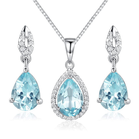 JIANGXIN Sky Blue Aquamarine Gemstone 925 Sterling Silver White Gold Plated Fine Jewelry Set for Women Pendant Necklace Stud Earring JIANGXIN