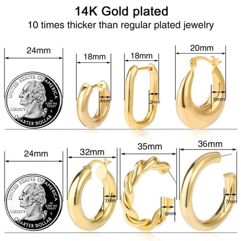 6 Pairs Gold Chunky Hoop Earrings Set for Women Hypoallergenic Thick Open Twisted Huggie Hoop Jewelry for Birthday Gifts 17KM