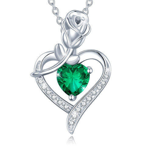 AGVANA May Birthstone Jewelry Mothers Day Gifts for Mom Emerald Necklace for Women Sterling Silver Rose Flower Heart Pendant Necklace Anniversary Birthday Gifts for Women Girls Mom Wife Lady Her AGVANA