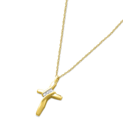 GILDED Small 10 Karat Yellow Gold Natural Round-Cut Diamond Accent 3 Stone Cross Pendant with an 18 Inch Chain GILDED