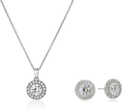 Amazon Collection Platinum Plated Sterling Silver Infinite Elements Cubic Zirconia Round-Cut Halo Pendant Necklace and Stud Earrings Jewelry Set Amazon Collection