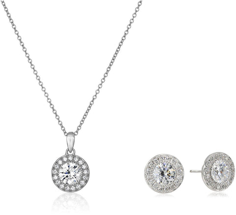 Amazon Collection Platinum Plated Sterling Silver Infinite Elements Cubic Zirconia Round-Cut Halo Pendant Necklace and Stud Earrings Jewelry Set Amazon Collection