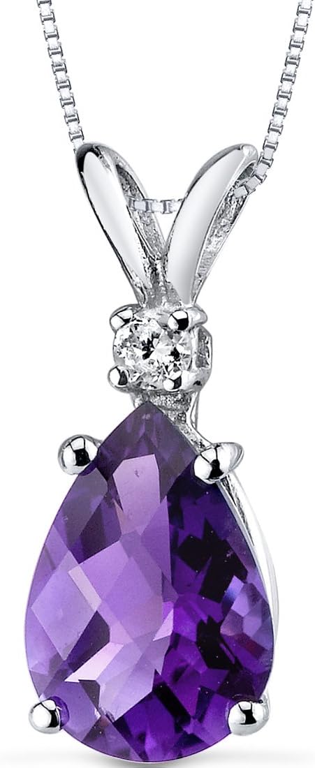 PEORA 14K White Gold Amethyst and Diamond Pendant for Women, Genuine Gemstone Birthstone Teardrop Solitaire, 1.60 Carats Pear Shape 10x7mm PEORA