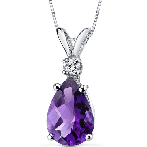 PEORA 14K White Gold Amethyst and Diamond Pendant for Women, Genuine Gemstone Birthstone Teardrop Solitaire, 1.60 Carats Pear Shape 10x7mm PEORA
