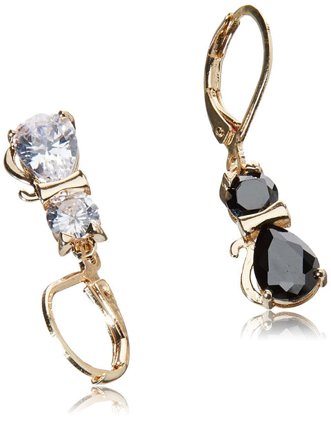 Betsey Johnson CZ Cat Mismatched Drop Earrings, CRYSTAL/BLACK Betsey Johnson