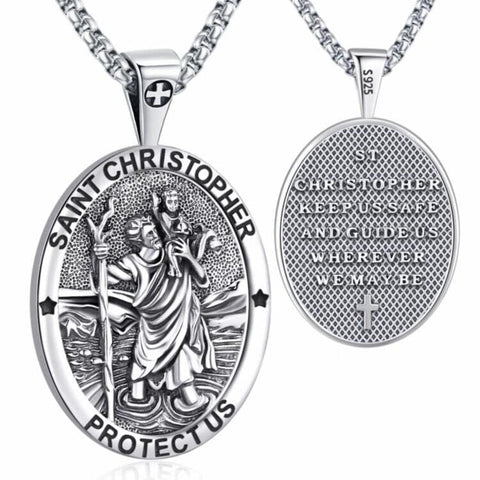 St Christopher Medal for Men Women Saint Christopher Necklace 925 Sterling Silver oval St. Christopher Pendant de plata 925 catholic Saint Christopher Medallion genuine saint christopher pendant necklace religious st christopher necklace 22+2 24 chain Tra Eusense