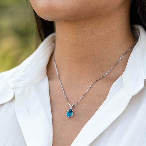 PEORA London Blue Topaz with Diamond Solitaire Pendant for Women 14K White Gold, Genuine Gemstone Birthstone, 3 Carats Oval Shape 10x8mm PEORA