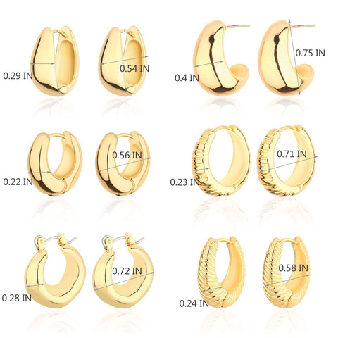 Wgoud Chunky Huggie Hoop Earring 14K Gold Hoop Earrings for Men Women Hypoallergenic, Thick Hoops Earring set, Twist Hoop Earring (6 Prs Chunky Gold) wgoud