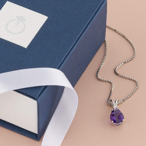 PEORA 14K White Gold Amethyst and Diamond Pendant for Women, Genuine Gemstone Birthstone Teardrop Solitaire, 1.60 Carats Pear Shape 10x7mm PEORA