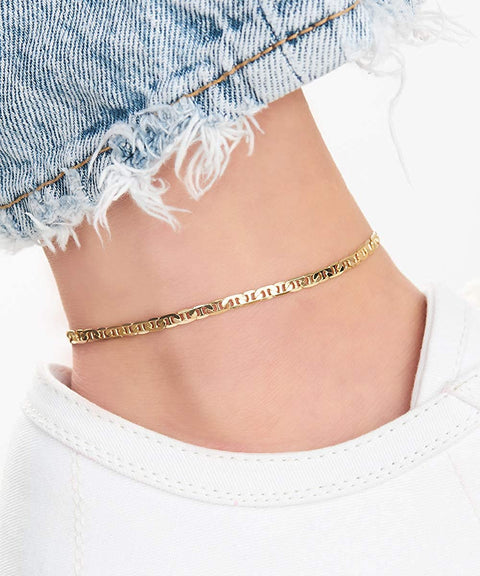 Barzel Womens Gold Anklet Flat Mariner 18K Gold Plated Flat Marina Link Anklet for Women - Made In Brazil (10.00) Barzel