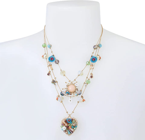 Betsey Johnson Woven Mixed Multi-Colored Bead Flower Heart Illusion Necklace Betsey Johnson