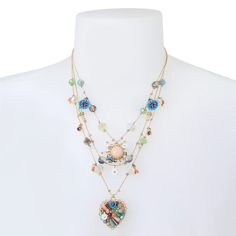 Betsey Johnson Woven Mixed Multi-Colored Bead Flower Heart Illusion Necklace Betsey Johnson