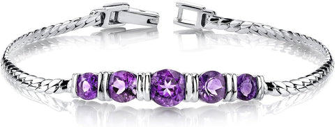 PEORA Amethyst 5-Stone Bracelet for Women 925 Sterling Silver, Natural Gemstone, 3.75 Carats total Round Shape, 7 1/4 inch length PEORA