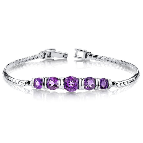 PEORA Amethyst 5-Stone Bracelet for Women 925 Sterling Silver, Natural Gemstone, 3.75 Carats total Round Shape, 7 1/4 inch length PEORA