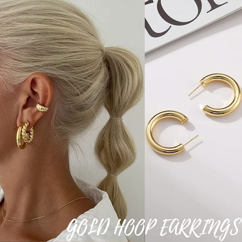 Gold Hoop Earrings Set for Women, 14K Gold Plated Lightweight Hypoallergenic Chunky Open Hoops Set for Gift 17 MILE