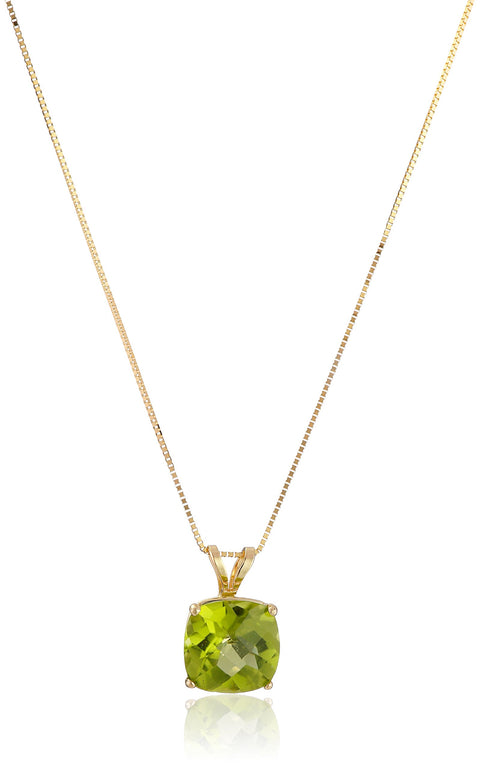 Amazon Essentials 14k Yellow Gold 8mm Cushion Cut August Birthstone Peridot Solitaire Pendant Necklace for Women with 18 inch Box Chain (previously Amazon Collection) MAX + STONE