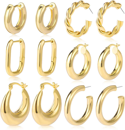6 Pairs Gold Chunky Hoop Earrings Set for Women Hypoallergenic Thick Open Twisted Huggie Hoop Jewelry for Birthday Gifts 17KM