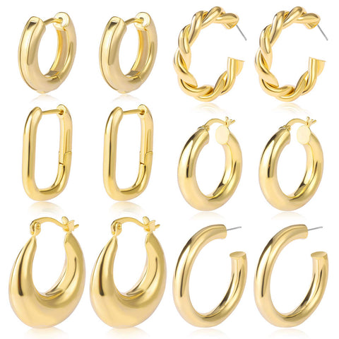 6 Pairs Gold Chunky Hoop Earrings Set for Women Hypoallergenic Thick Open Twisted Huggie Hoop Jewelry for Birthday Gifts 17KM